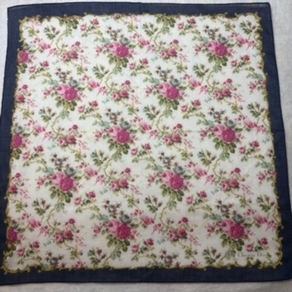 VTG CHRISTIAN DIOR Scarf Handkerchief Floral Rose Cotton Navy White Pink 19x19